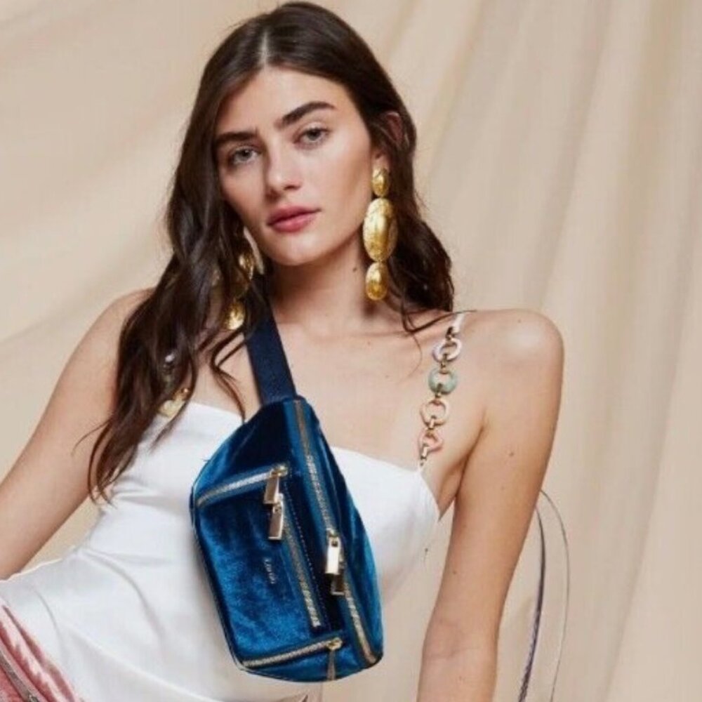Free people Caraa Blue Sling Belt‎ Velvet Bag NEW WITH TAG